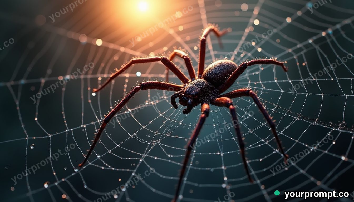 A spider web beaded with morning dew, backlit