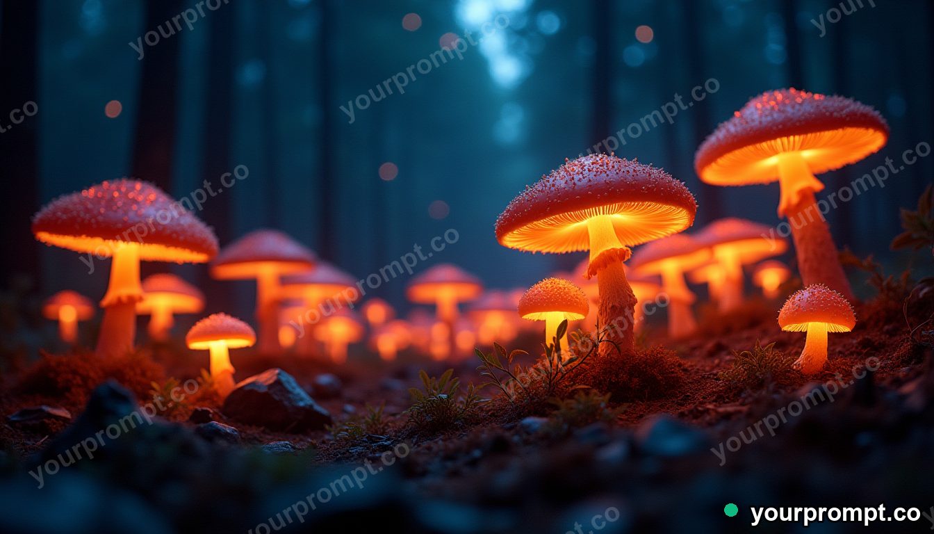 A glowing forest of giant luminous mushrooms at night