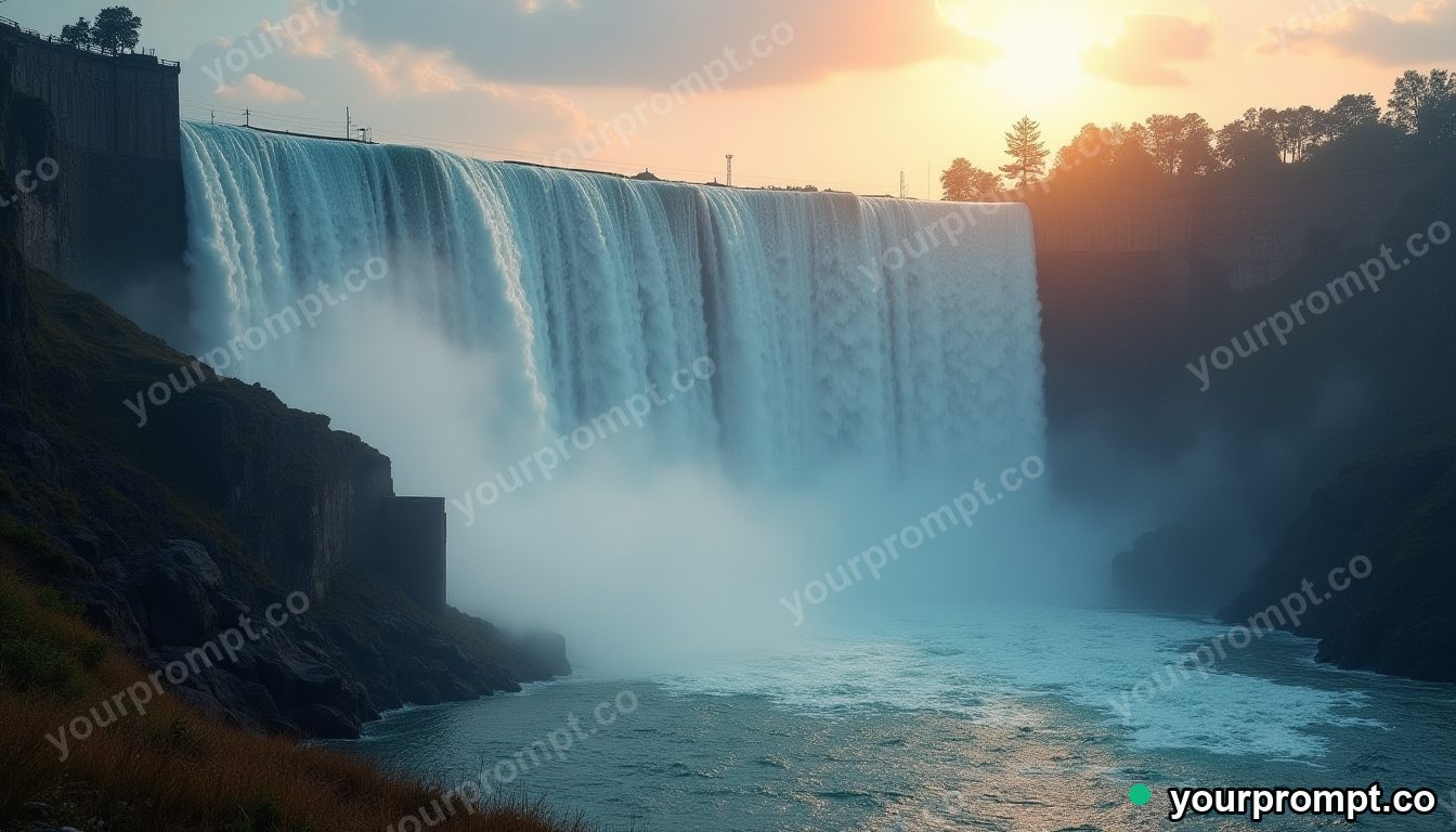 A towering dam releasing a thundering spillway