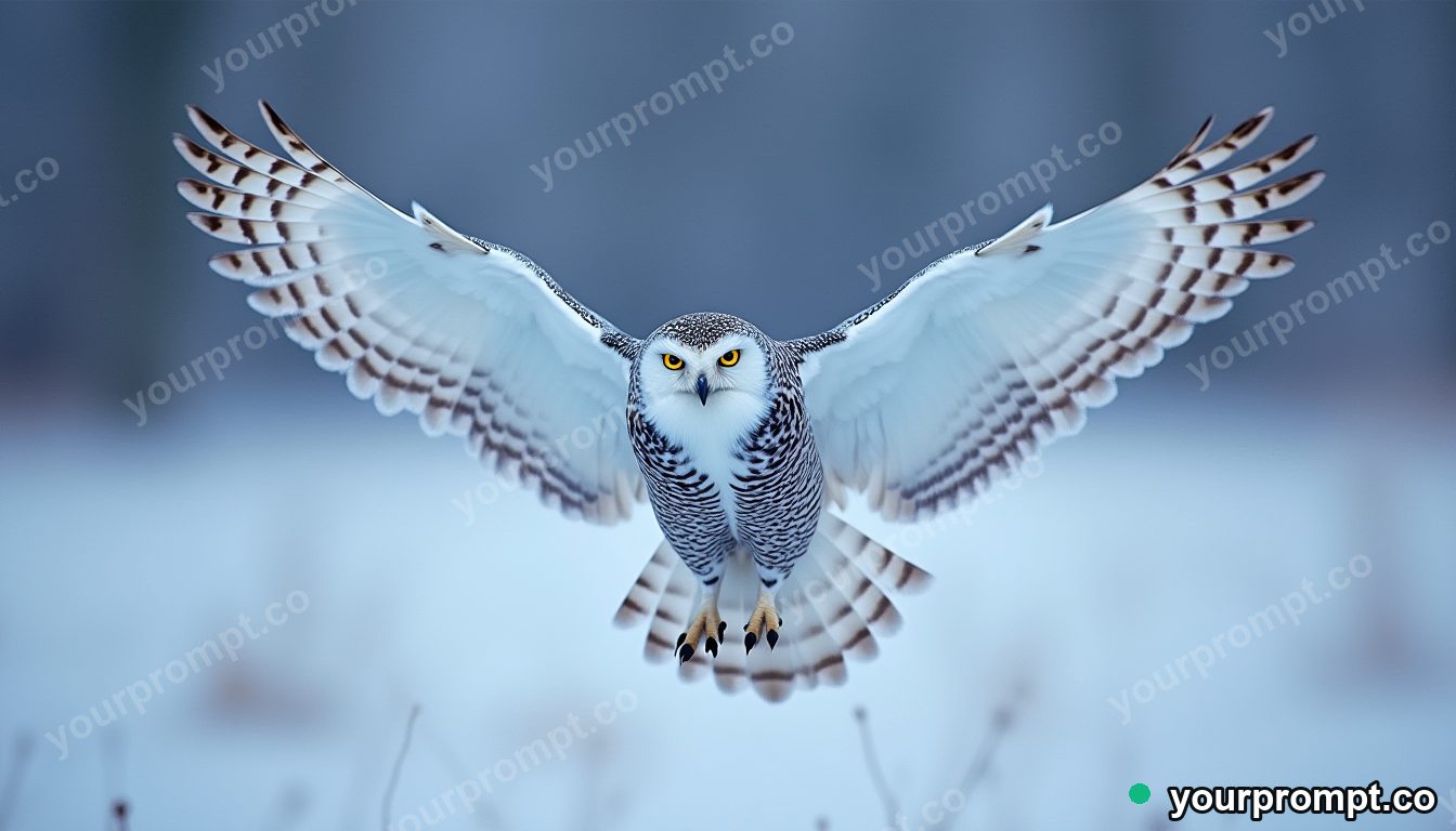 A snowy owl in flight over a winter field