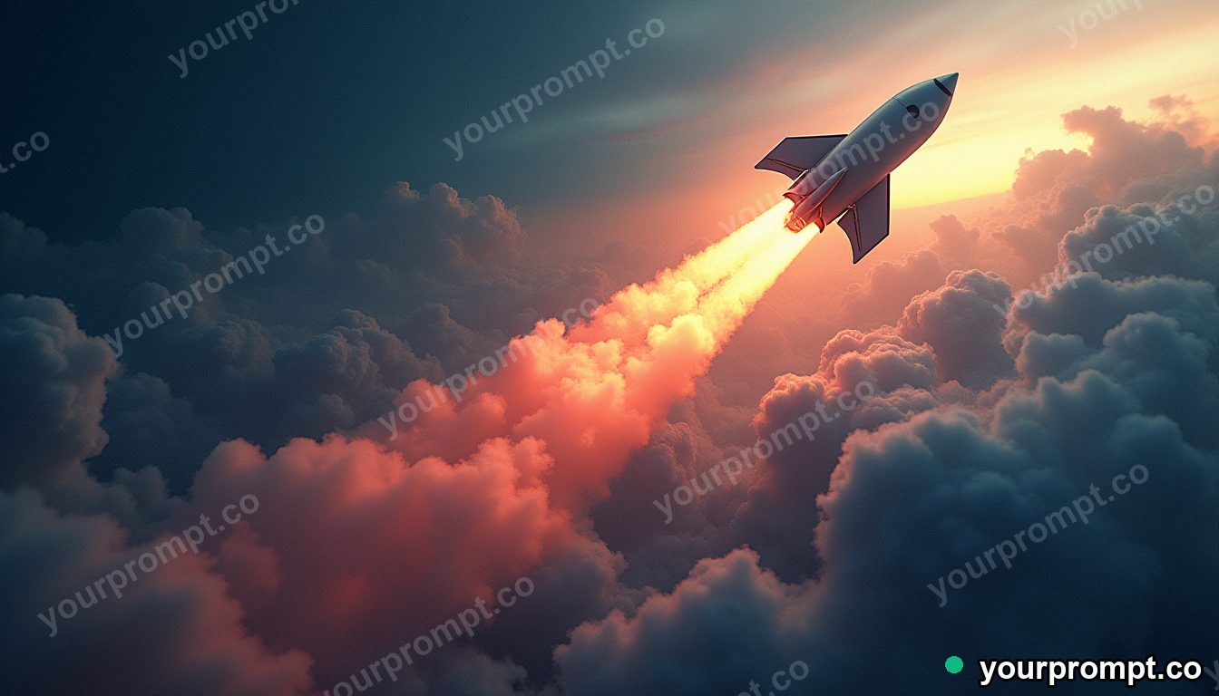 A rocket plane climbing steeply into the stratosphere