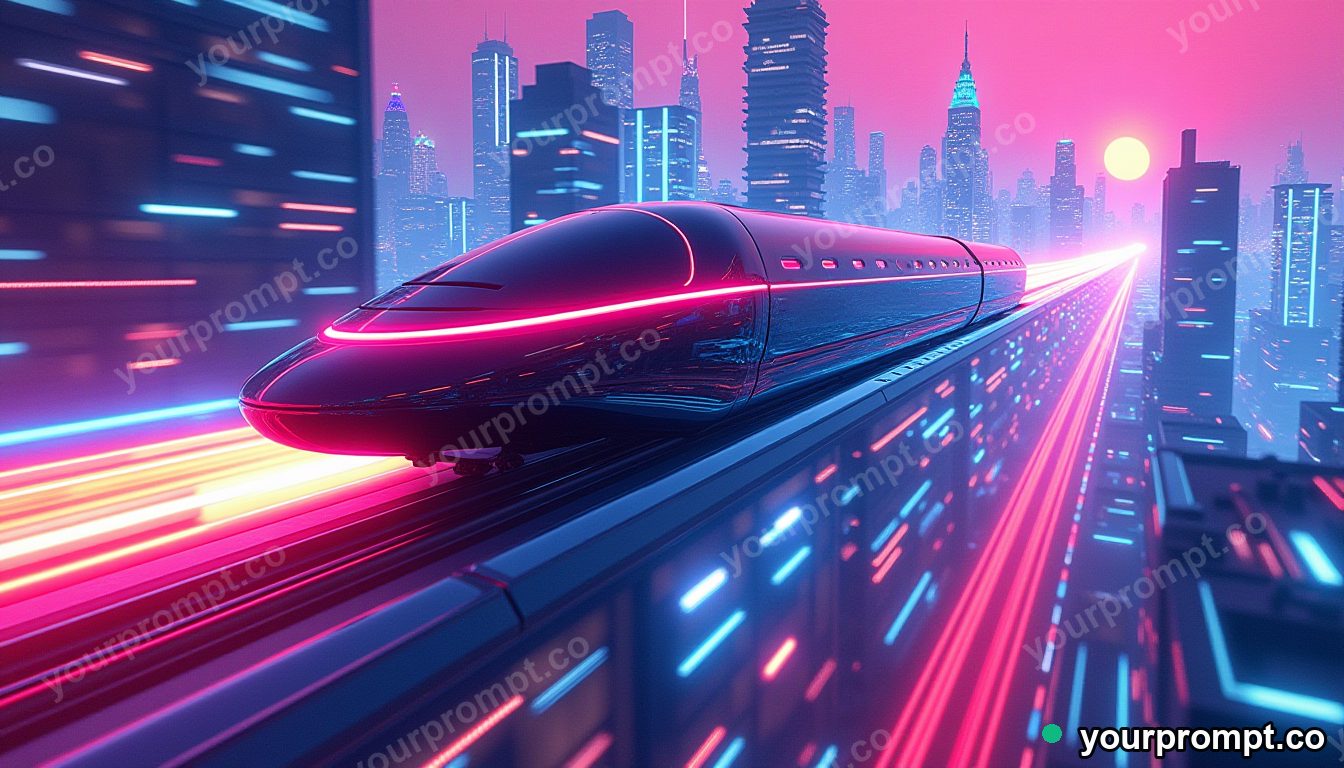 A futuristic maglev gliding over a neon city