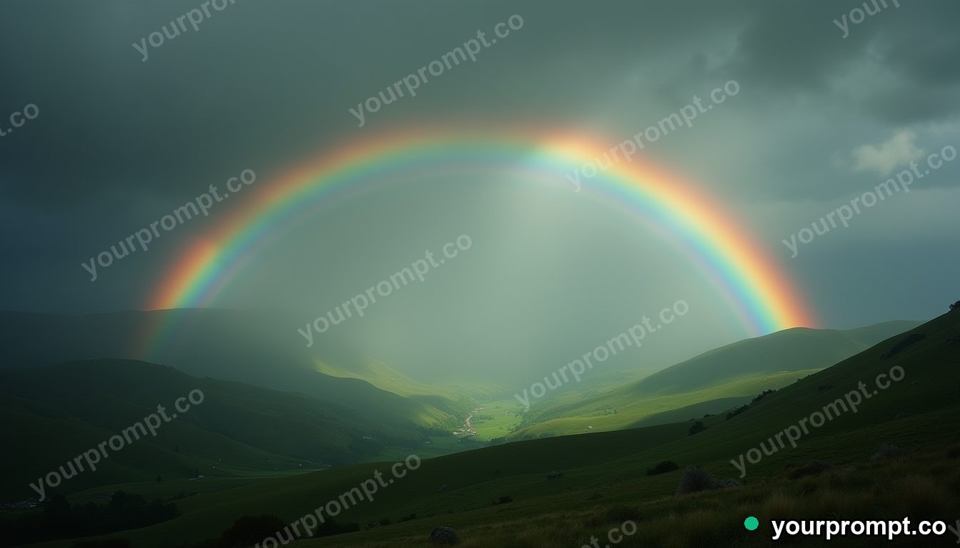 A double rainbow arcing over emerald hills after rain