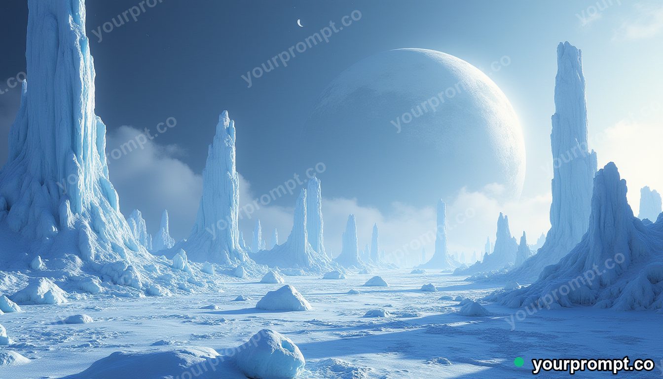 An ice planet with towering frozen geysers in airbrushed retro sci-fi style — AI-generated image from a text prompt
