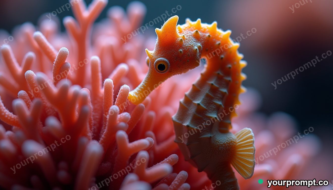 A seahorse clinging to coral, macro detail