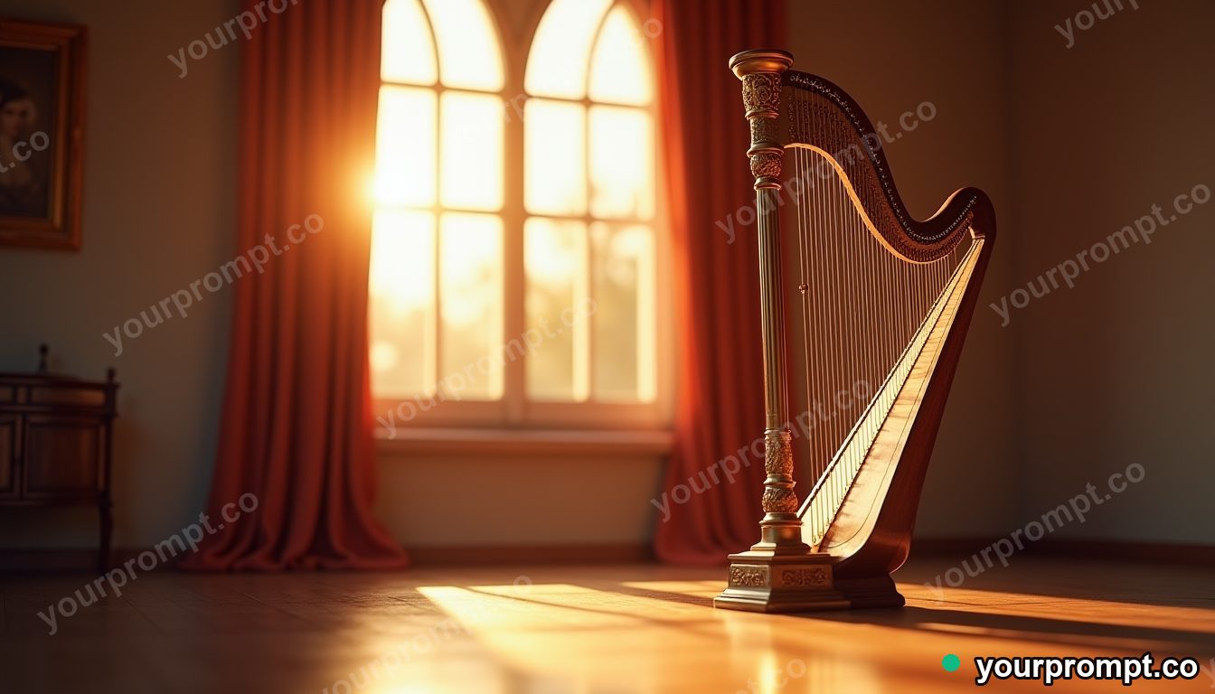 An ornate harp beside a sunlit window