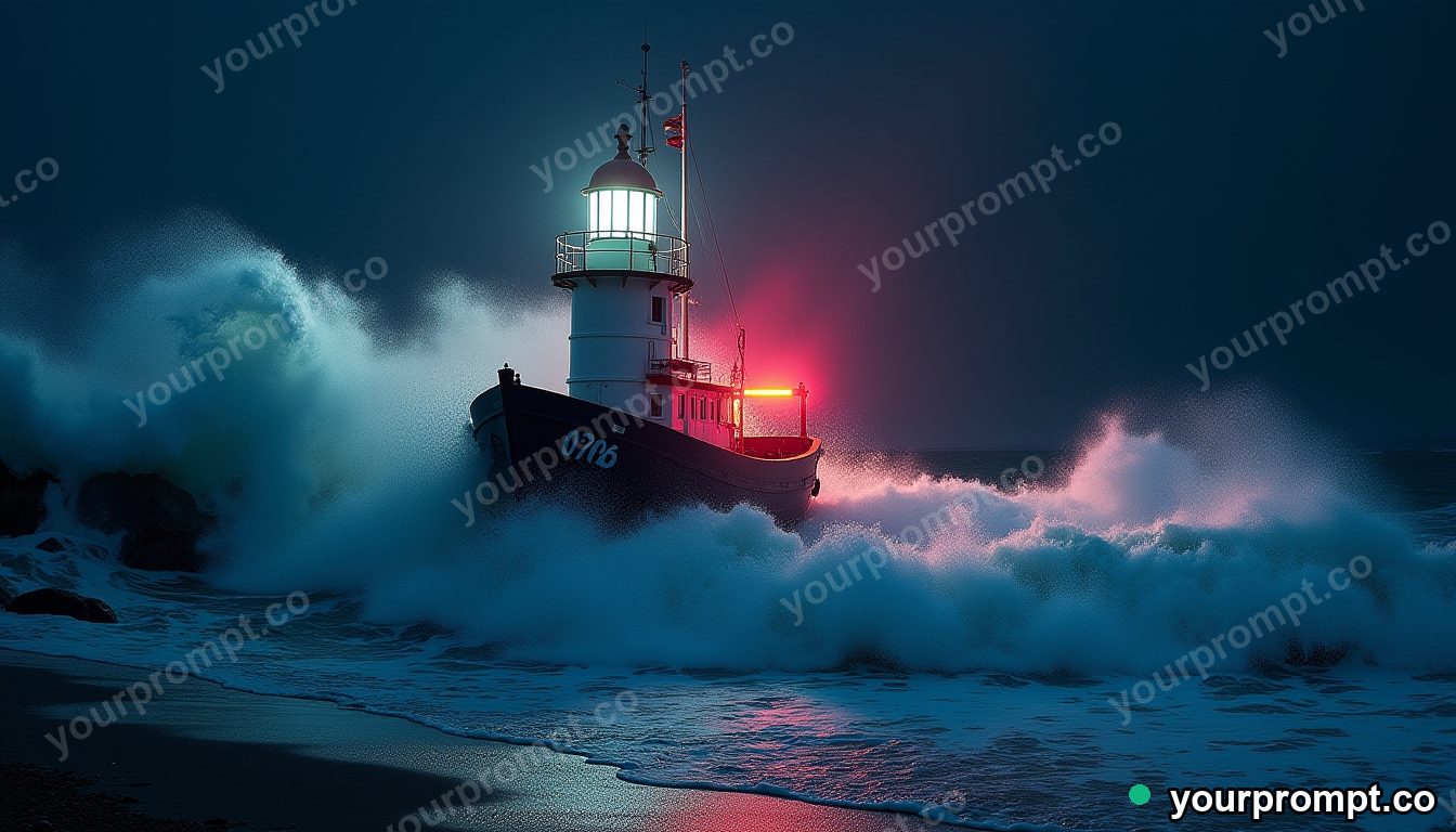 A lighthouse supply boat in crashing surf