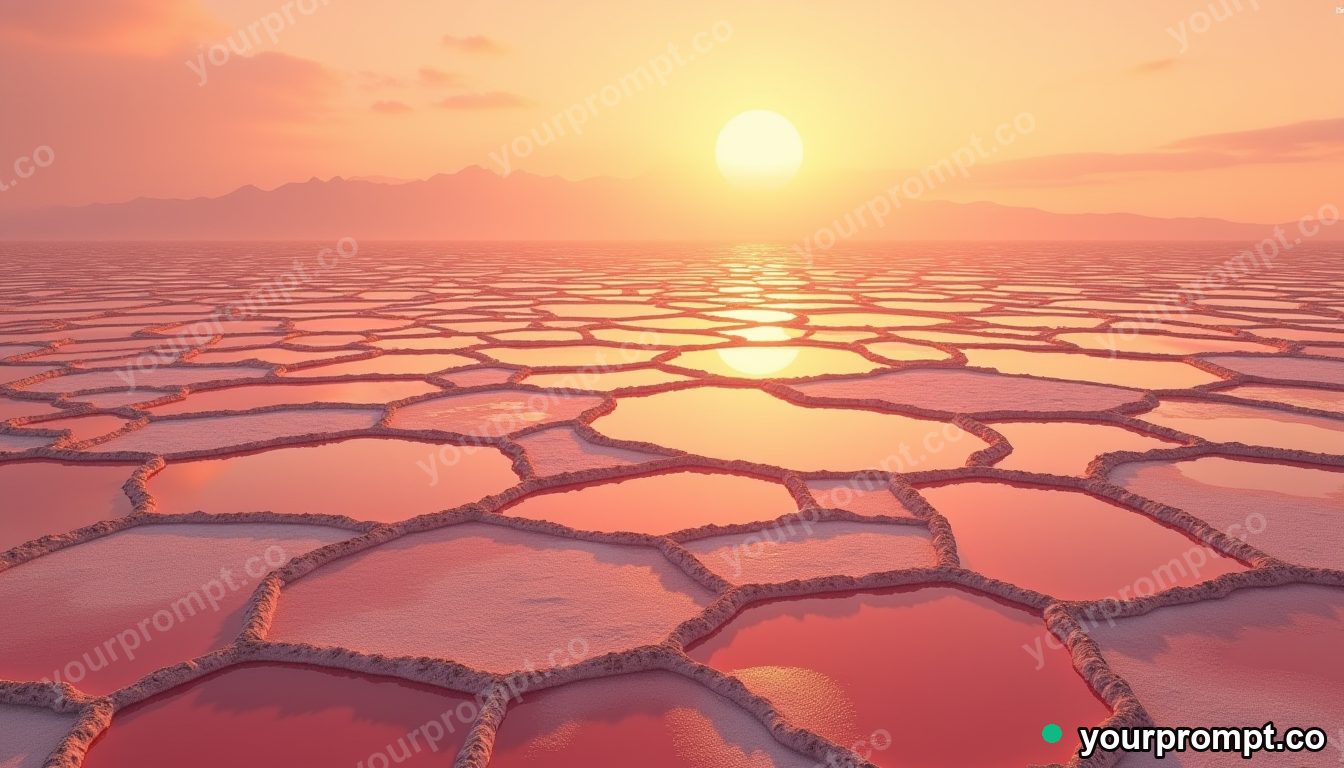 A bird's-eye view of salt evaporation ponds in pink and orange
