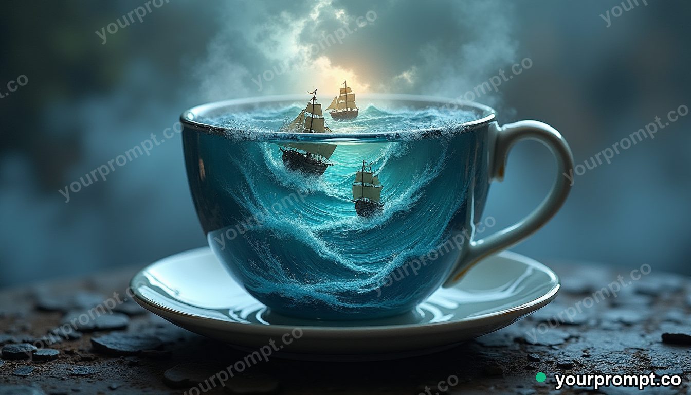 A teacup holding an entire stormy ocean with tiny ships in stained-glass mosaic style — AI-generated image from a text prompt