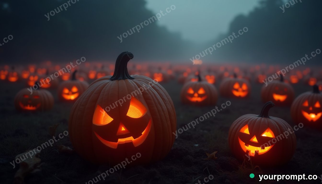 A field of jack-o-lanterns glowing in misty dusk