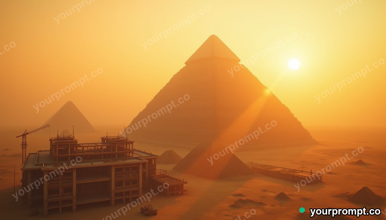 An Egyptian pyramid construction site at golden hour