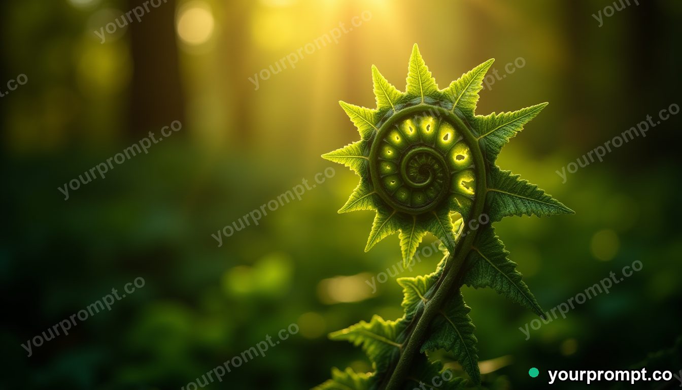 A fern unfurling in dappled forest light
