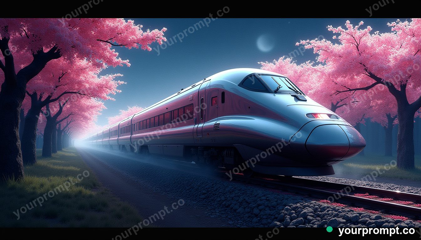 A sleek bullet train speeding past cherry blossoms