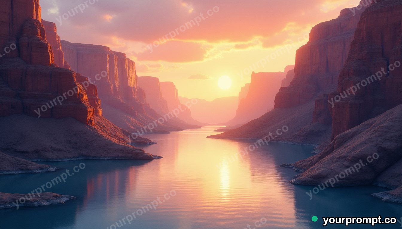 A canyon river bend glowing at golden hour
