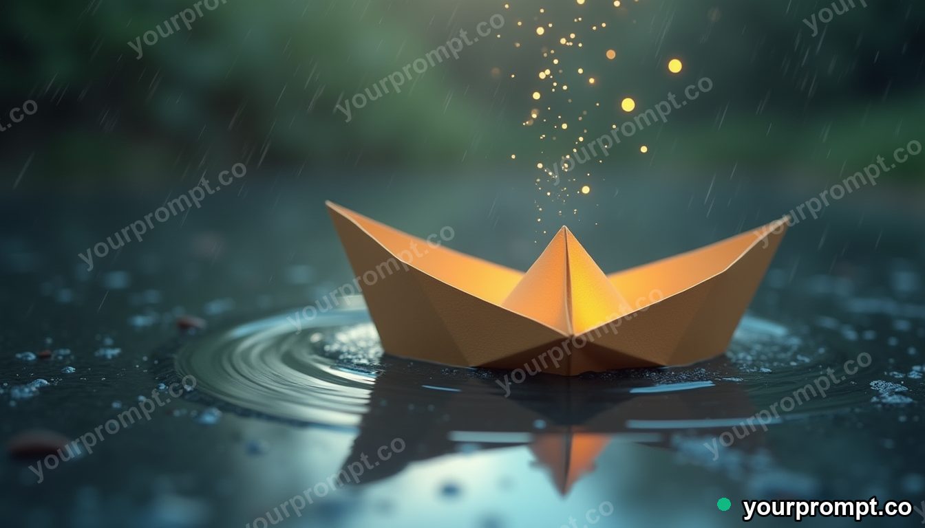 A paper boat sailing a rain puddle, macro and whimsical