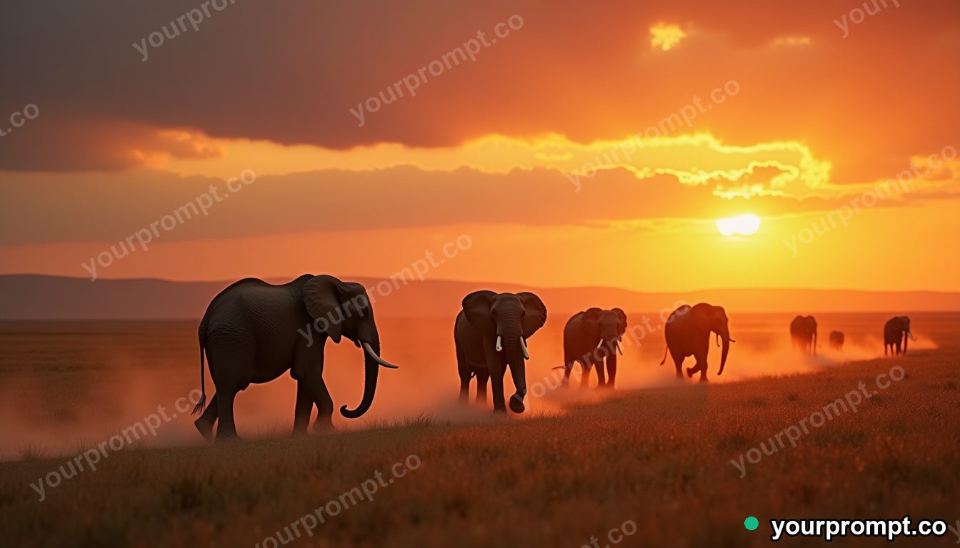 An elephant herd crossing a dusty plain at sunset