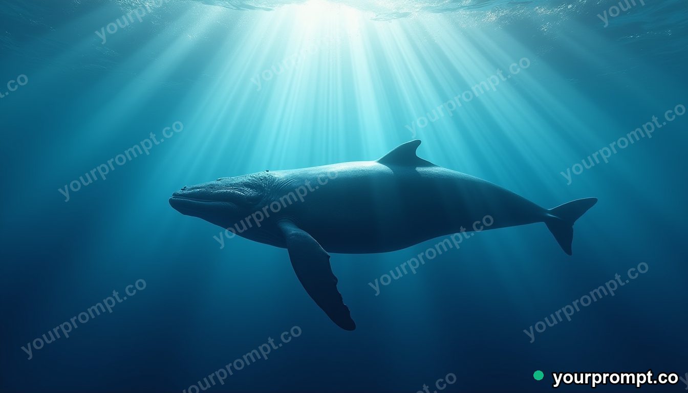 A humpback whale gliding through underwater sunbeams