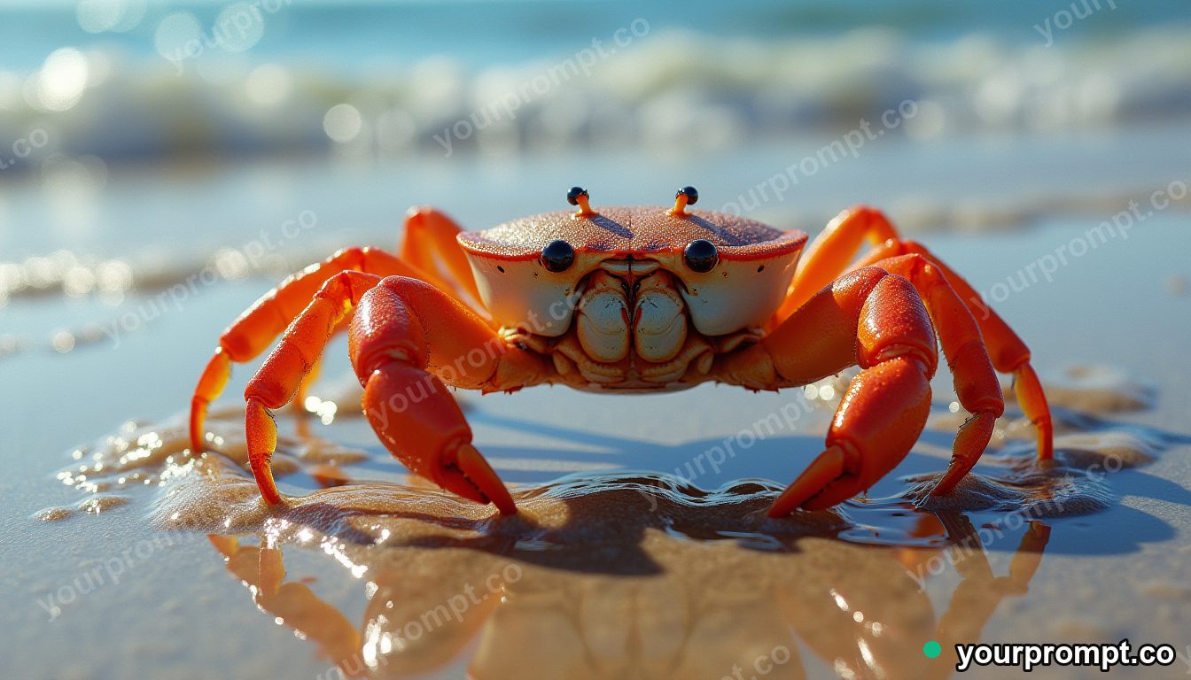 A crab scuttling across glistening wet sand
