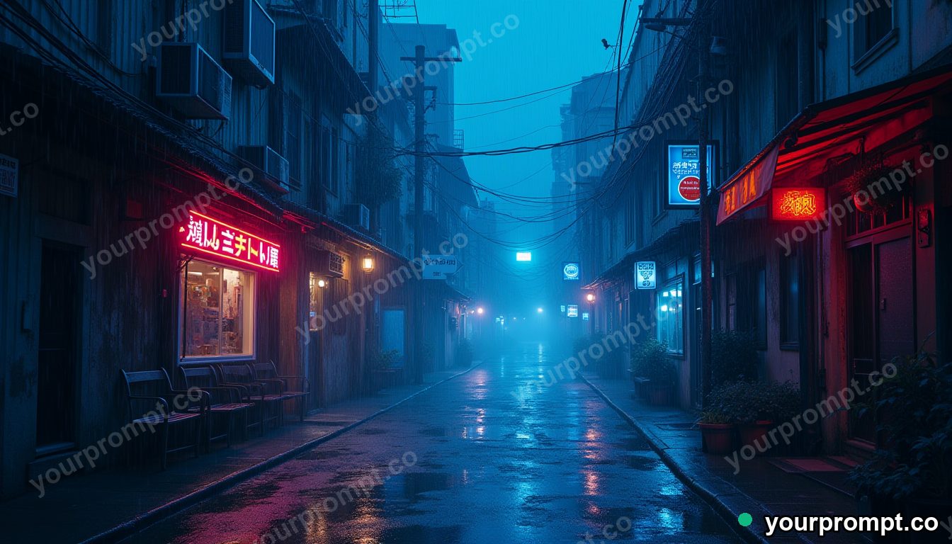 A neon cyberpunk street in the rain at night