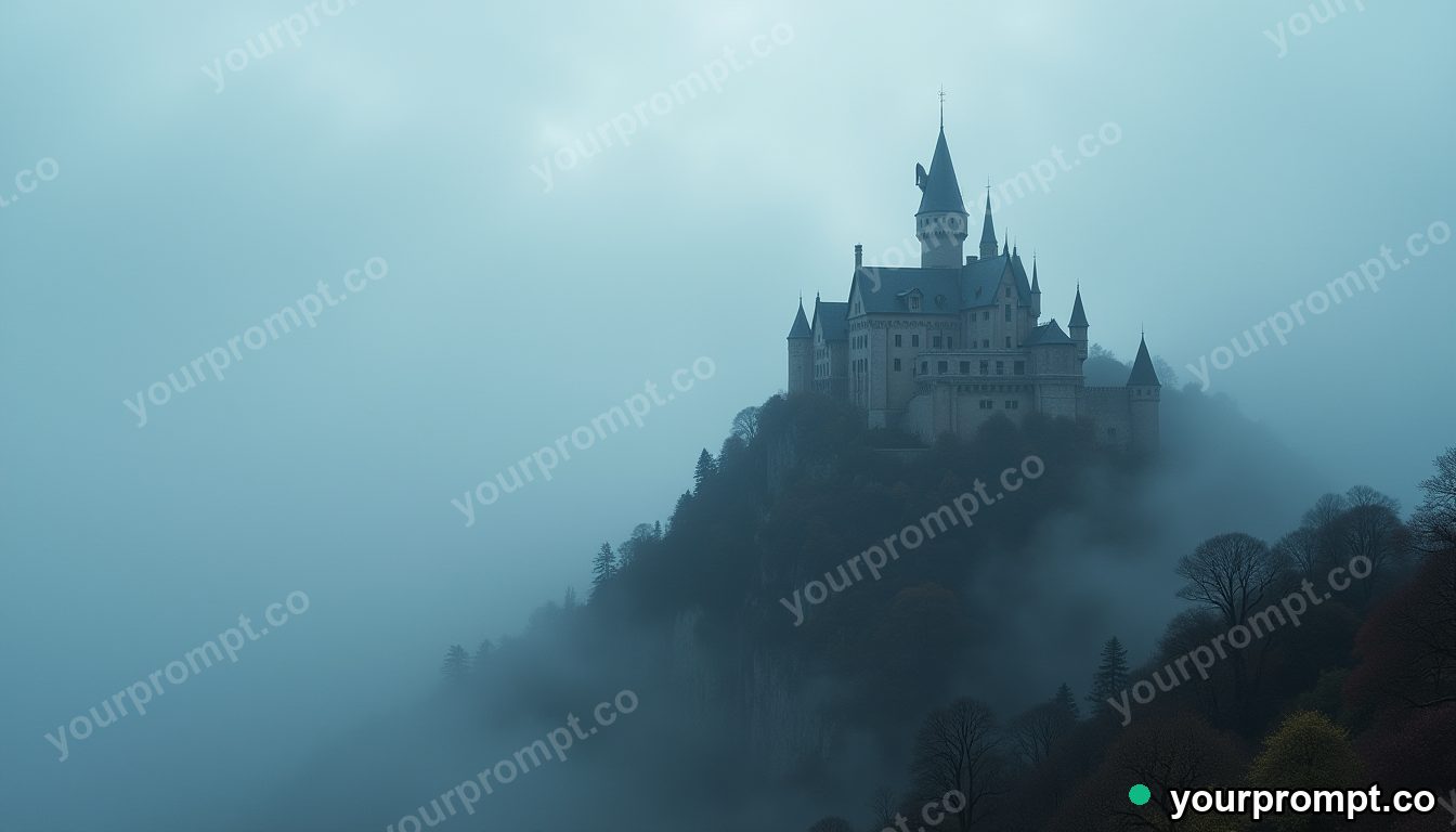 A medieval castle on a foggy mountain peak