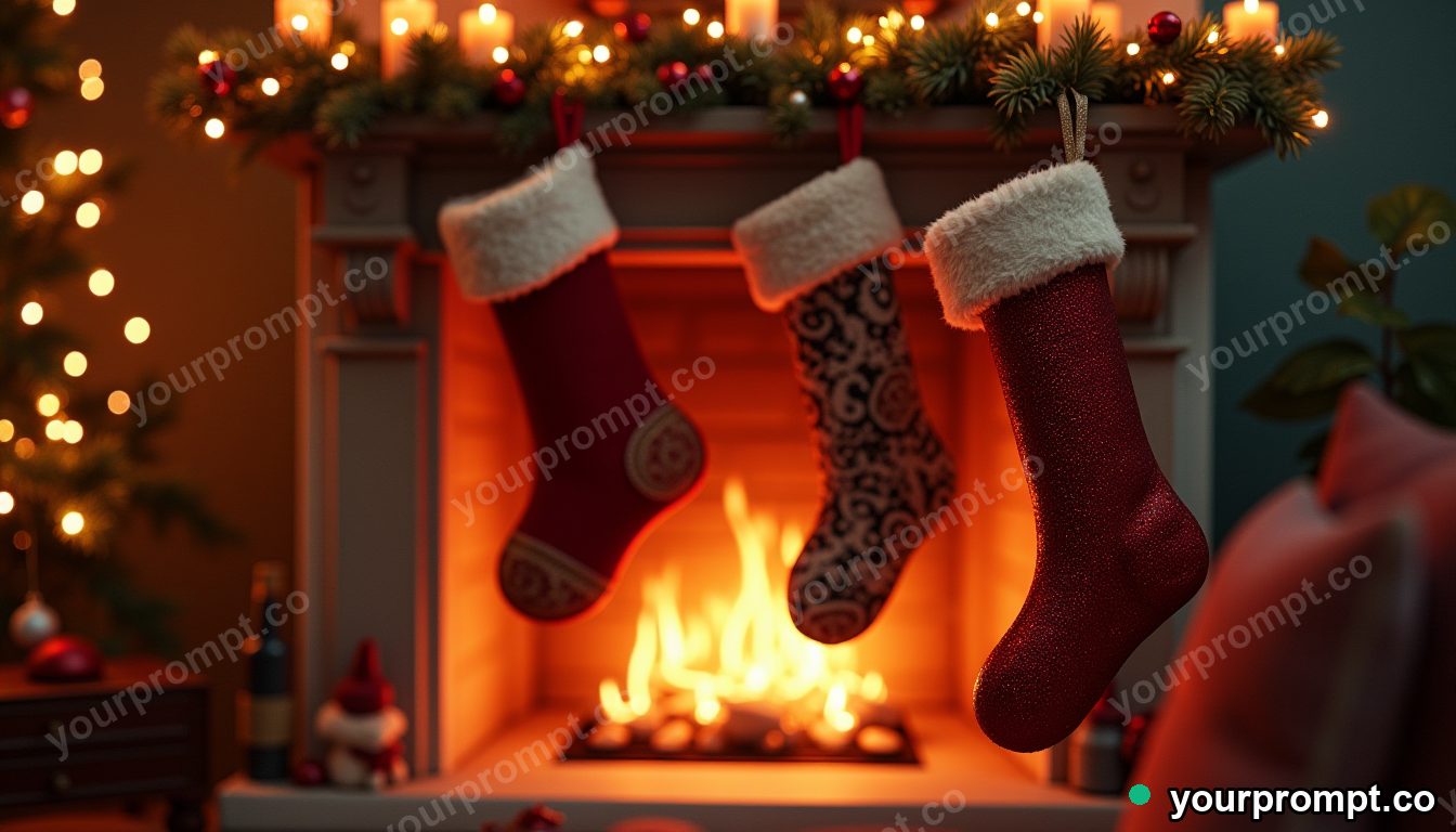 A cozy fireplace with stockings and warm light