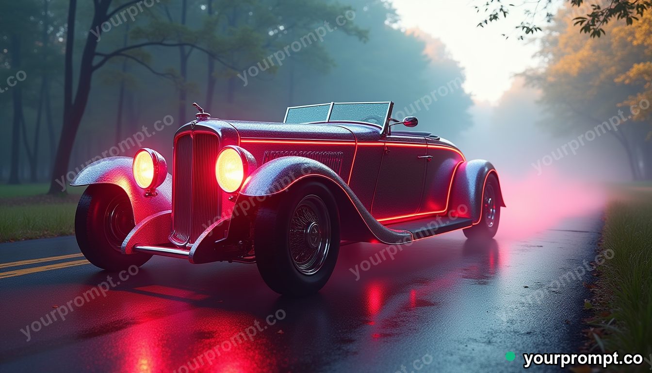 A 1930s art-deco roadster on a misty country road