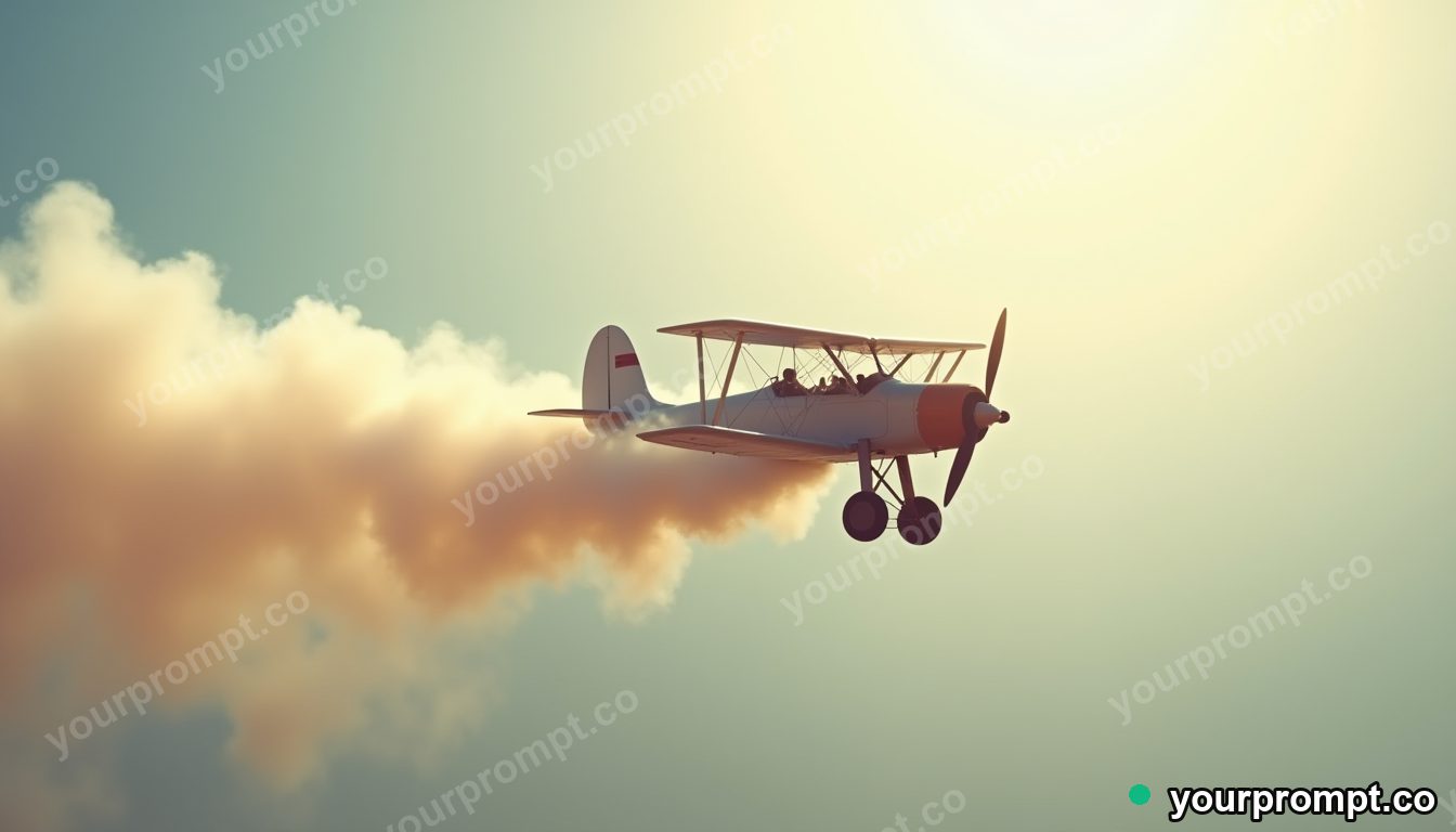 A vintage propeller biplane trailing smoke at an air show