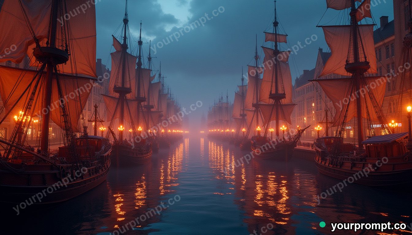 An old sailing harbor crowded with tall ships