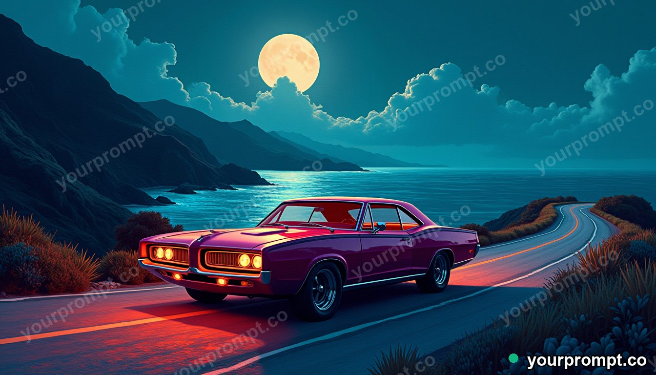 A classic 1960s American muscle car on a coastal highway