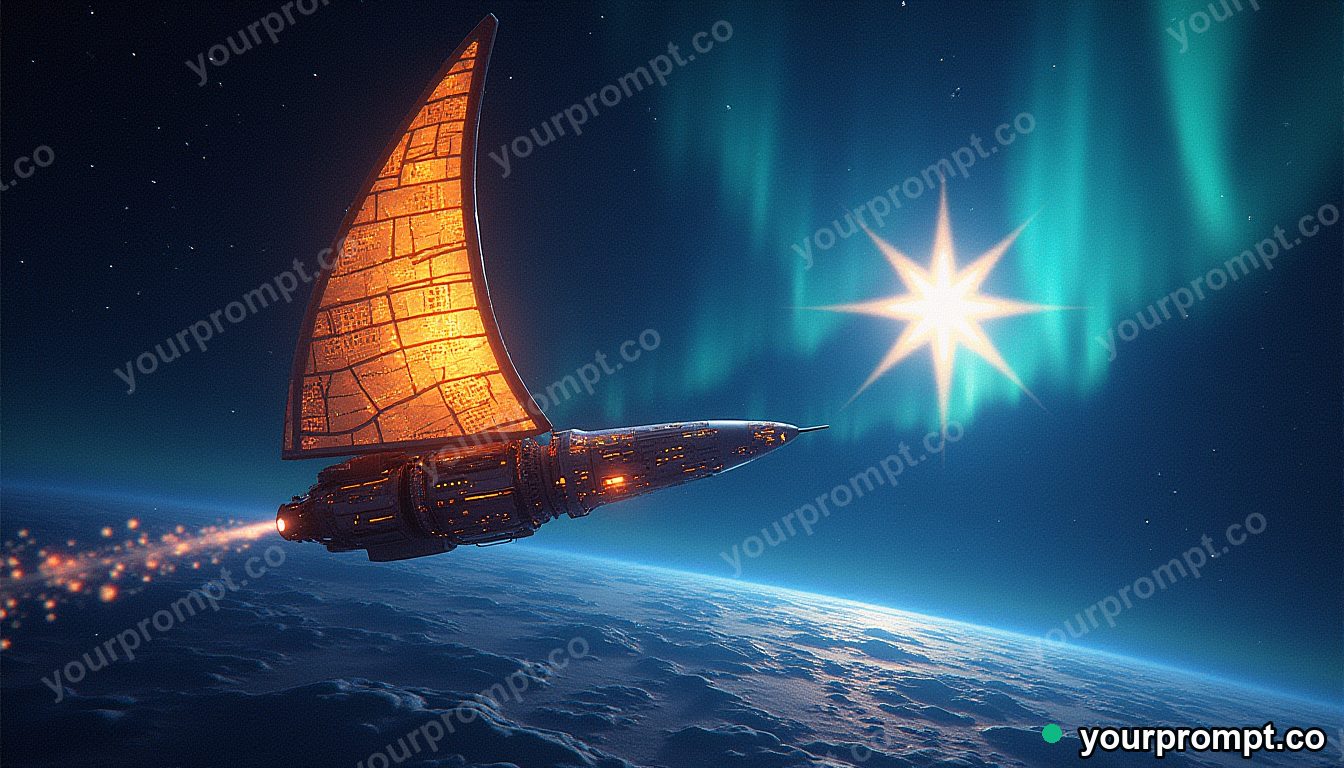 A solar-sail spacecraft unfurling near a bright star