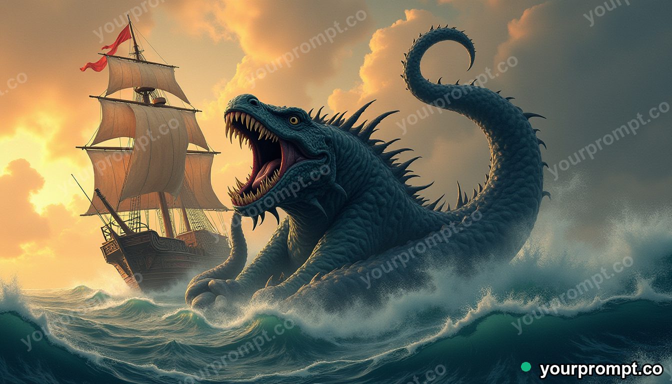 The Kraken rising to crush a wooden ship