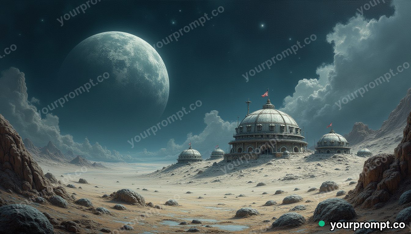 A domed colony on the surface of the moon in rich oil painting style — AI-generated image from a text prompt