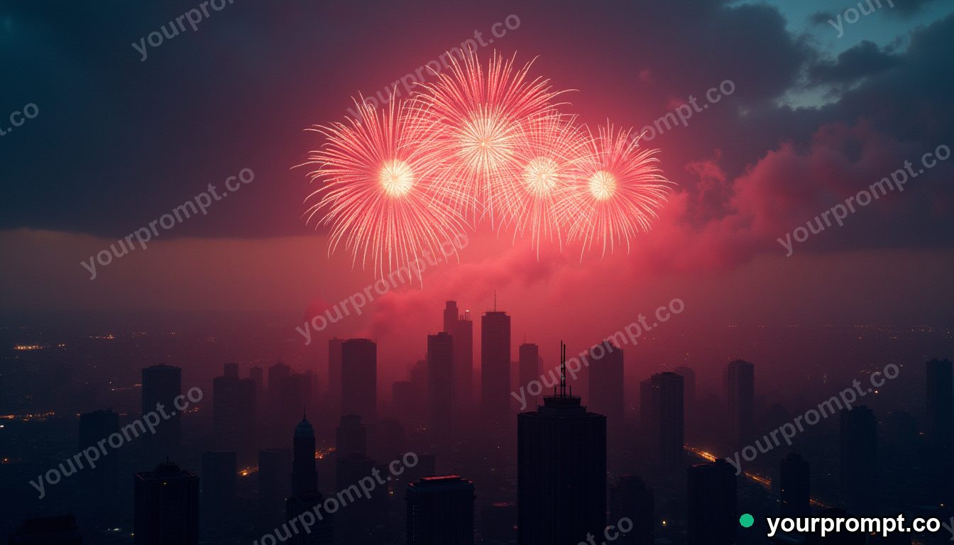 Fireworks bursting over a city skyline at midnight