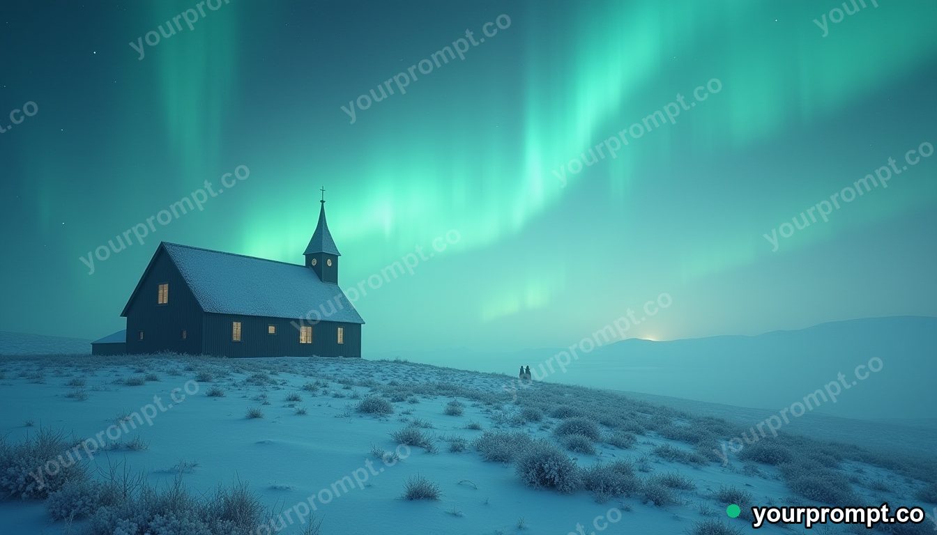 An icy aurora over a remote Icelandic church