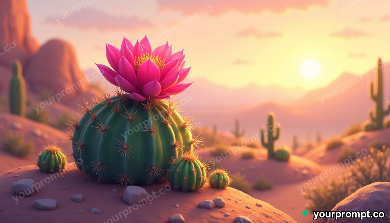 A cactus flowering bright pink in the desert