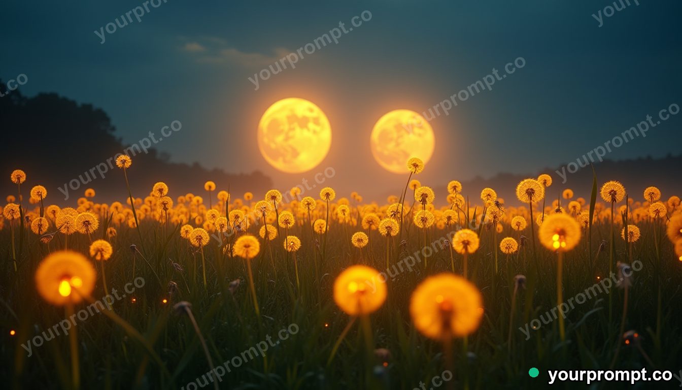 An endless field of glowing dandelions under twin moons