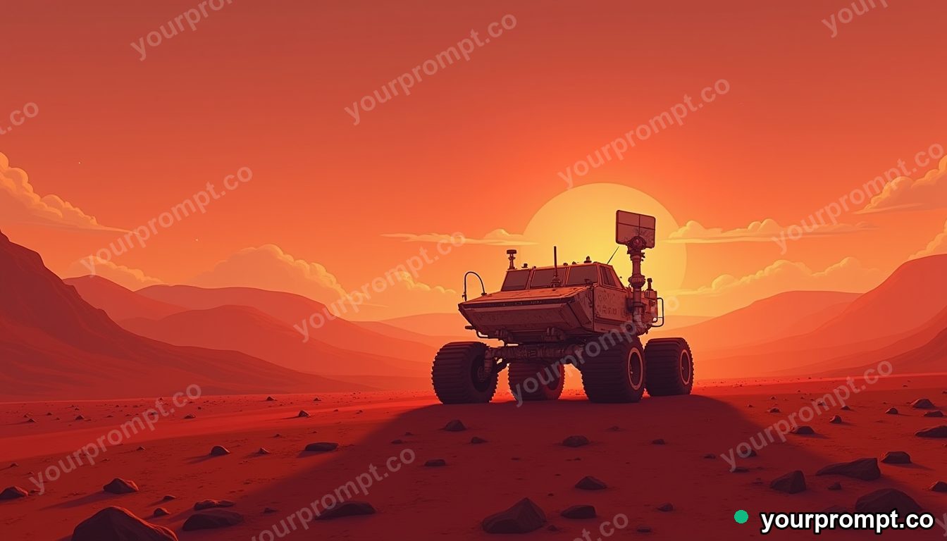 A rover crossing a red martian desert at dusk in warm storybook illustration style — AI-generated image from a text prompt