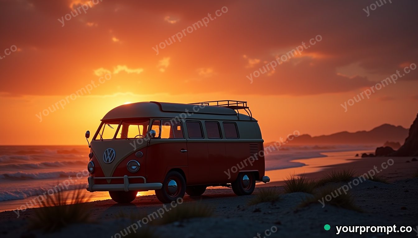 A vintage VW camper van parked at a beach sunset in dramatic chiaroscuro style — AI-generated image from a text prompt
