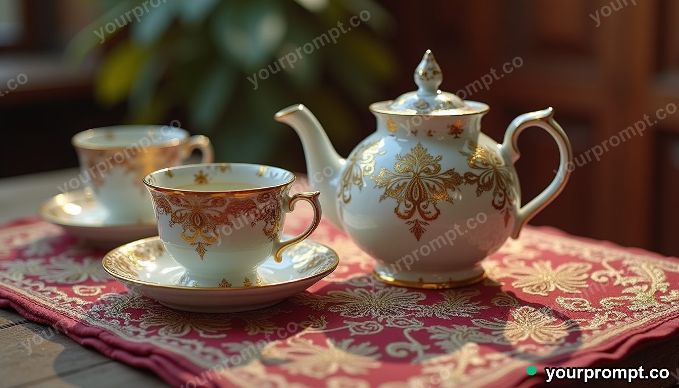 A teapot and porcelain cups on an embroidered cloth