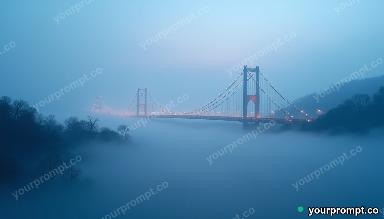 A misty suspension bridge vanishing into fog
