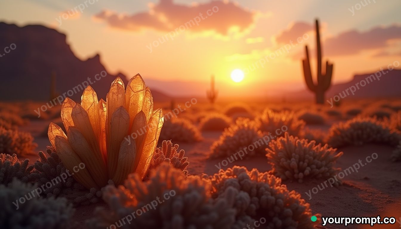 A desert with crystal cacti glowing at dusk