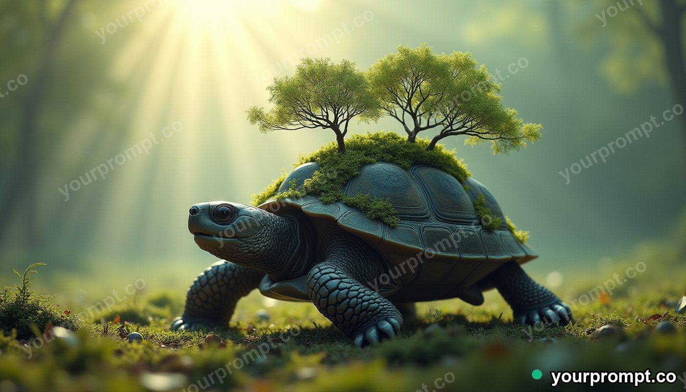 A giant turtle carrying a tiny forest on its shell