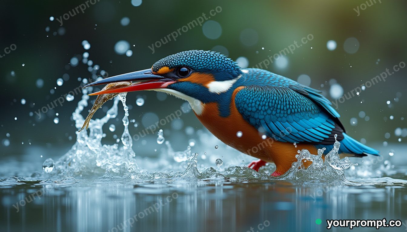 A kingfisher splashing out of water with a fish in bold pop-art style — AI-generated image from a text prompt