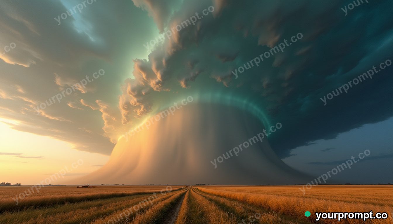 A massive supercell thunderstorm over open plains