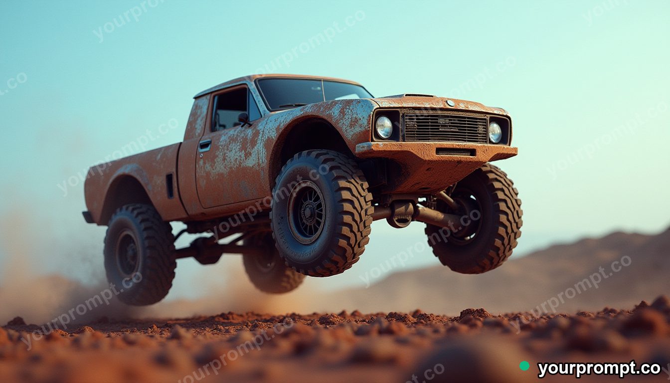 A mud-splattered rally truck mid-jump on a dirt track in epic fantasy concept art style — AI-generated image from a text prompt