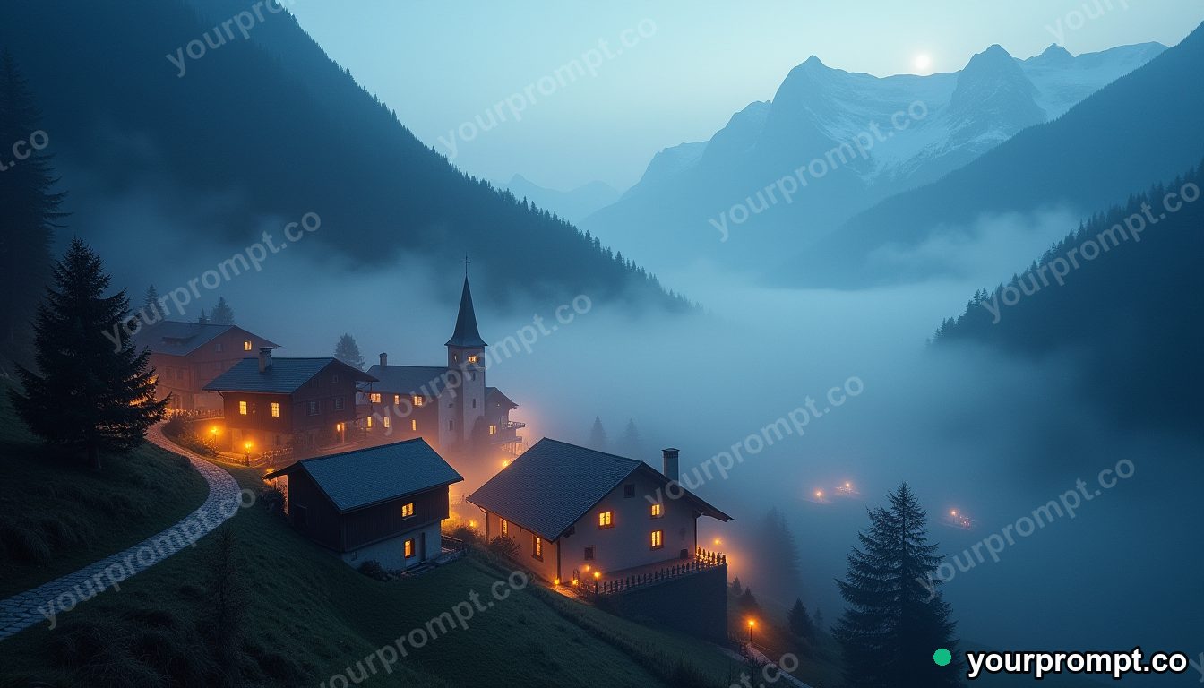 A misty mountain village in the Swiss Alps