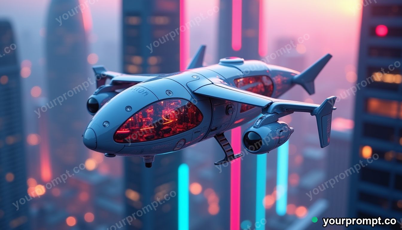 A futuristic eVTOL air taxi over a glass city