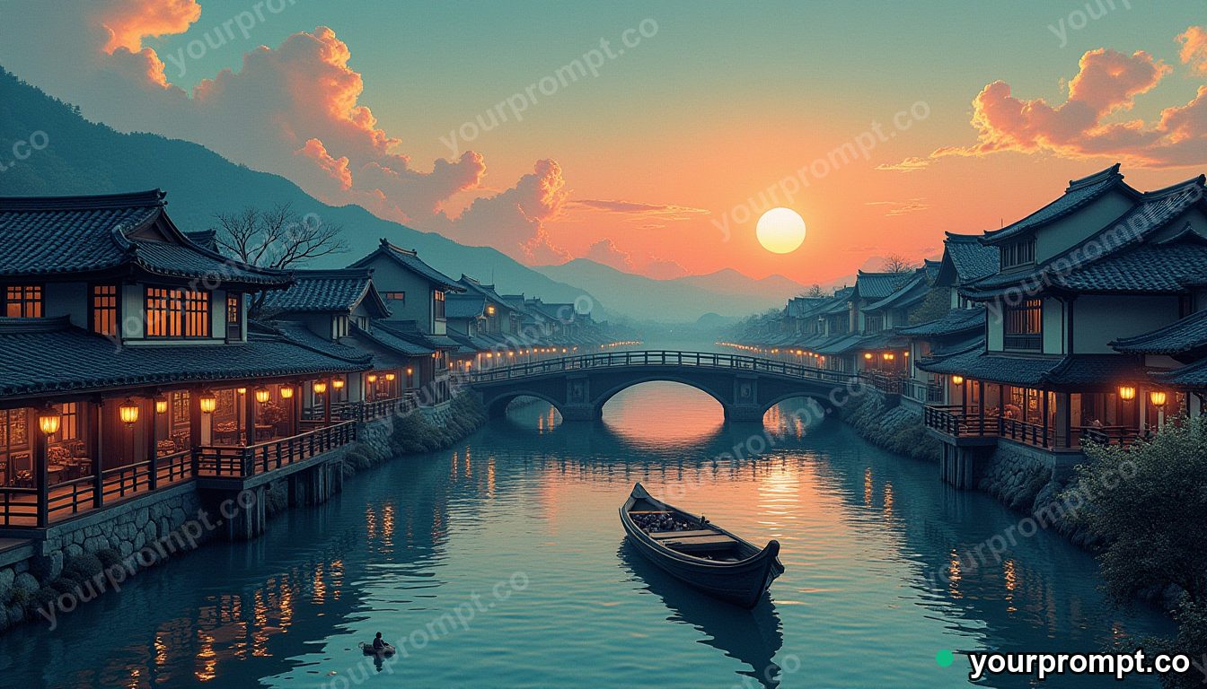 A floating city of bridges and canals at dawn