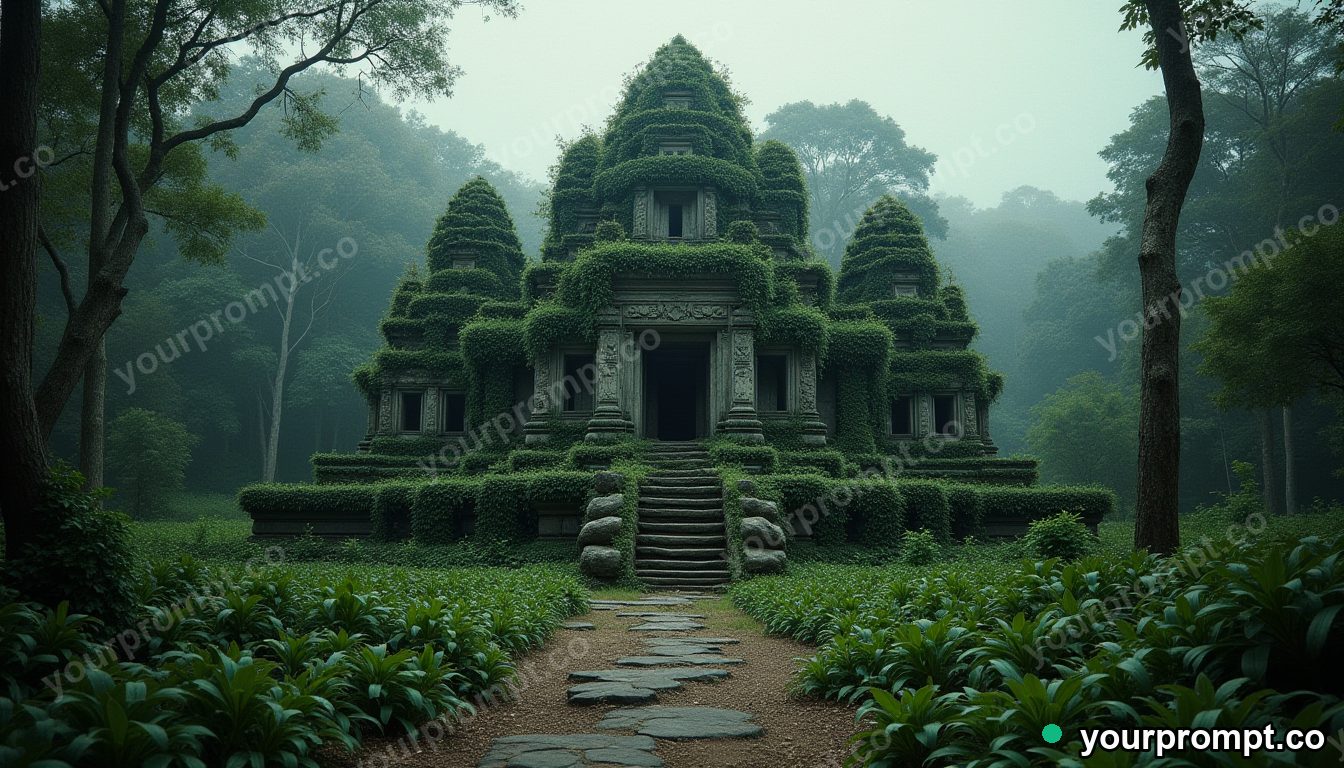 An ancient temple overgrown by jungle vines