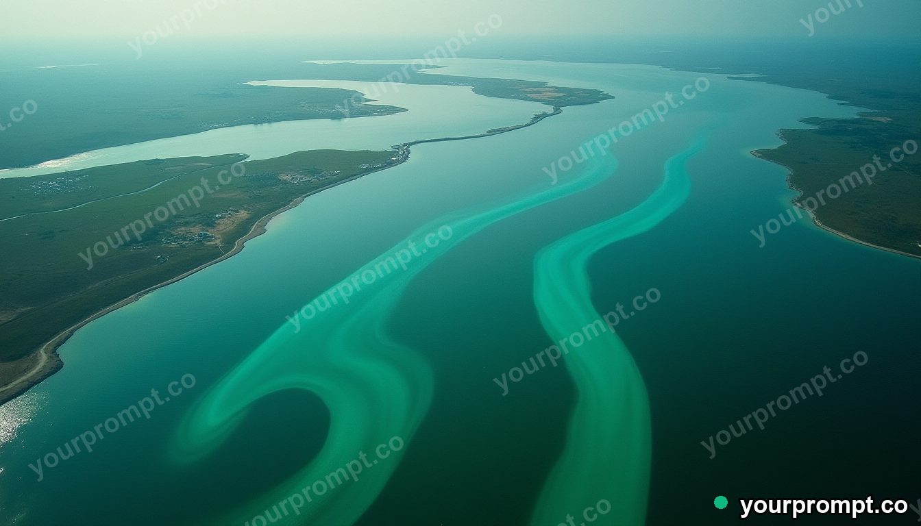 An aerial view of winding turquoise rivers in a green delta in cinematic film still style — AI-generated image from a text prompt
